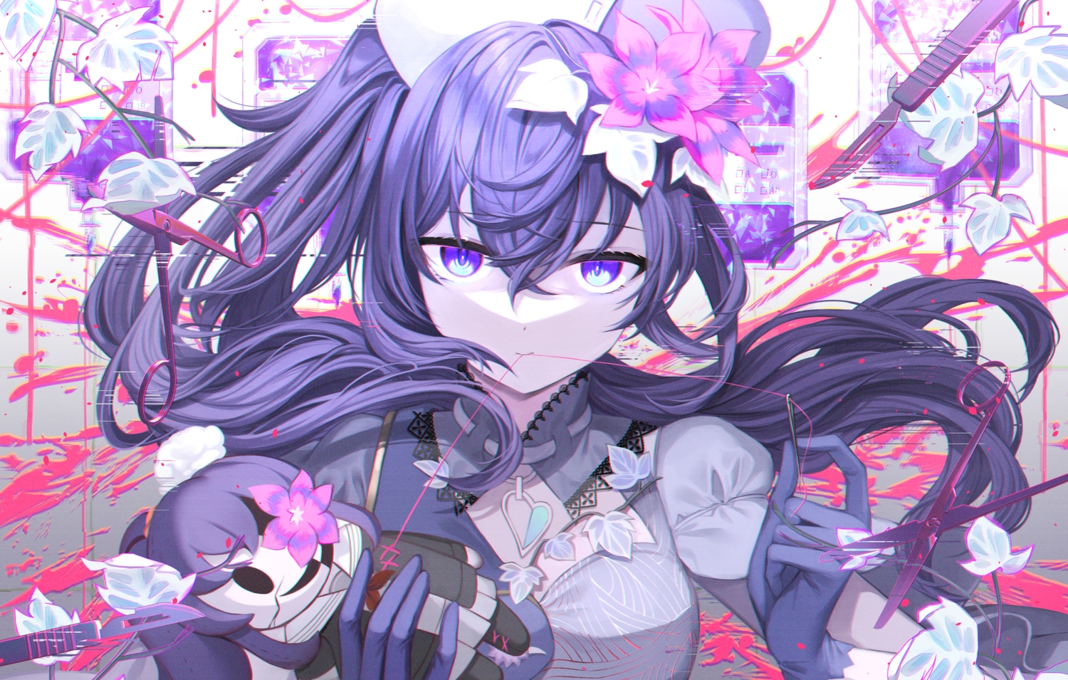 asahina_mafuyu, close, doll, gloves, headdress, knife, leaves, long_hair