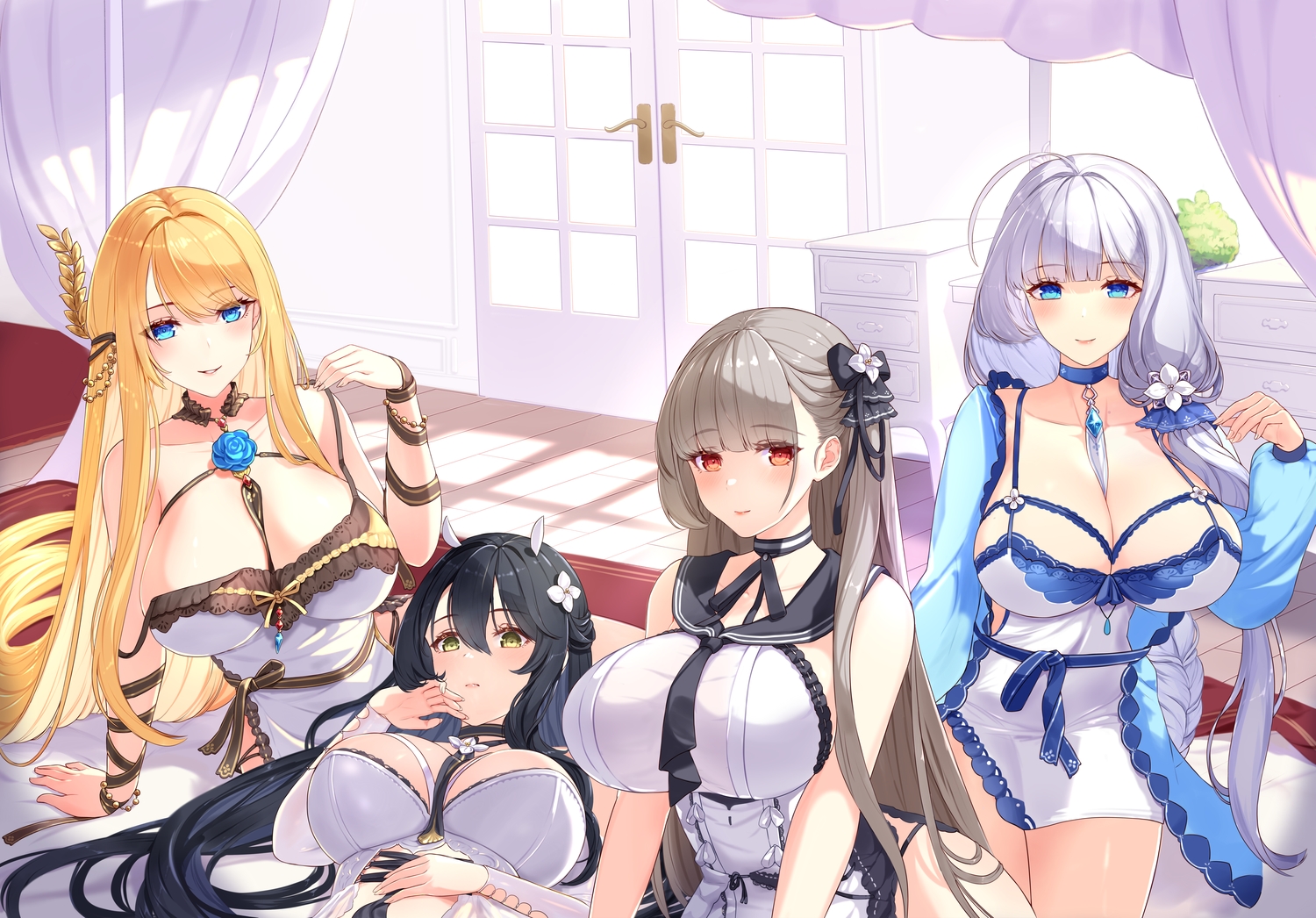 anthropomorphism, aqua_eyes, azur_lane, bed, bizure, black_hair, blonde_hair, blush