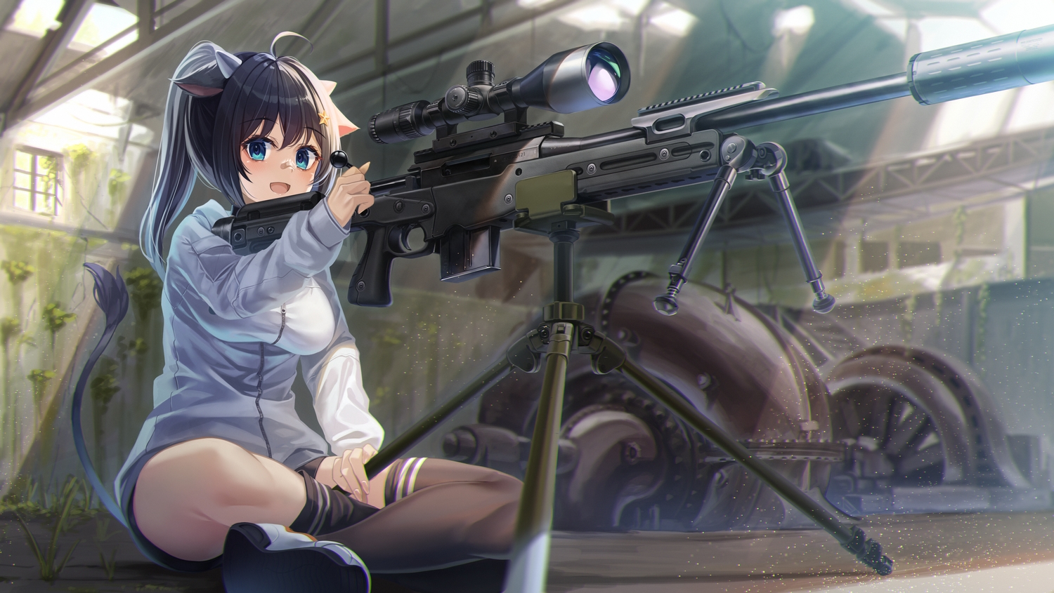animal_ears, aqua_eyes, bandaid, black_hair, blush, cowgirl, enpera_(jdud8375), gun, hood, horns, original, ponytail, shorts, tail, thighhighs, weapon