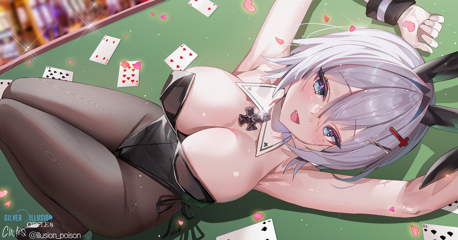 anthropomorphism, aqua_eyes, azur_lane, blush, breasts, fang, gray_hair, hwansang_jungdog, jade_(azur_lane), leotard, pantyhose, watermark