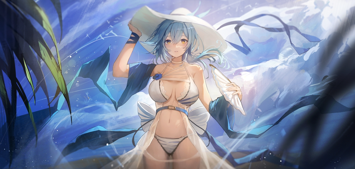 bikini, blue_hair, breasts, clouds, eula_lawrence, fan, genshin_impact, hat