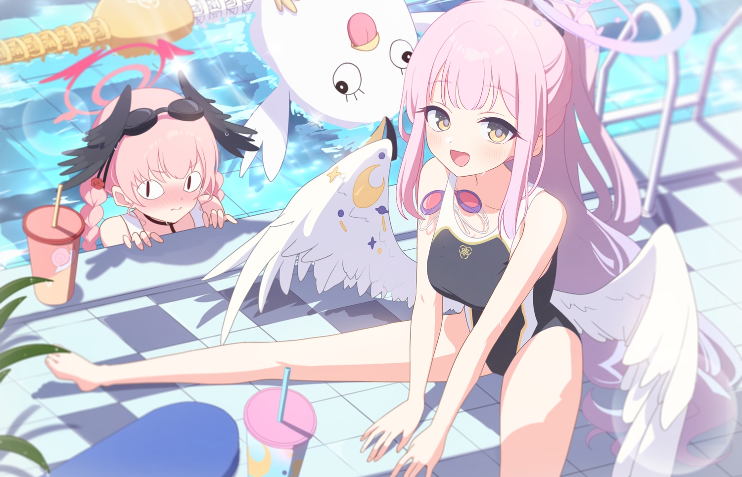 2girls, angel, barefoot, black_eyes, blue_archive, blush, braids, drink, goggles, halo, kaerunrun, long_hair, misono_mika, pink_hair, ponytail, pool, shimoe_koharu, spread_legs, swimsuit, twintails, water, yellow_eyes