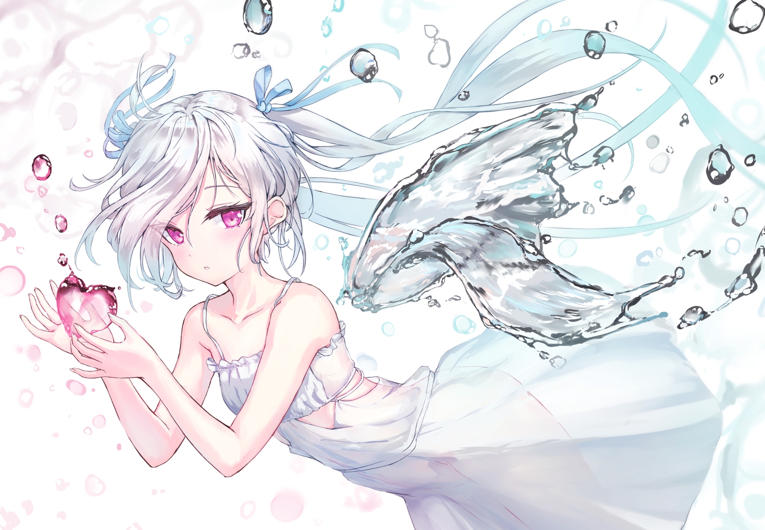 blush, dress, flat_chest, gray_hair, heart, long_hair, nopan, original, parufeito, pink_eyes, ribbons, see_through, summer_dress, twintails, water, wings