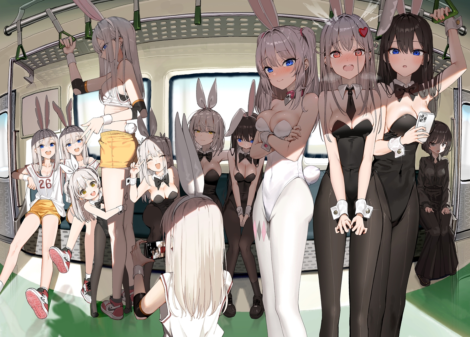 animal_ears, black_hair, blue_eyes, blush, bow, breast_hold, breasts, brown_eyes, bunny_ears, bunnygirl, camera, cleavage, collar, dduck_kong, gray_hair, group, headband, leotard, loli, long_hair, original, pantyhose, phone, red_eyes, shirt, short_hair, shorts, skirt, tail, tie, train, twins, twintails, wristwear, yellow_eyes