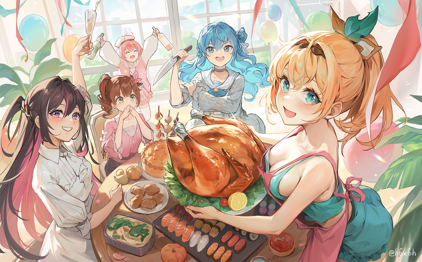 1991_(blz), apron, aqua_eyes, aqua_hair, azki_(hololive), blonde_hair, blue_eyes, blush