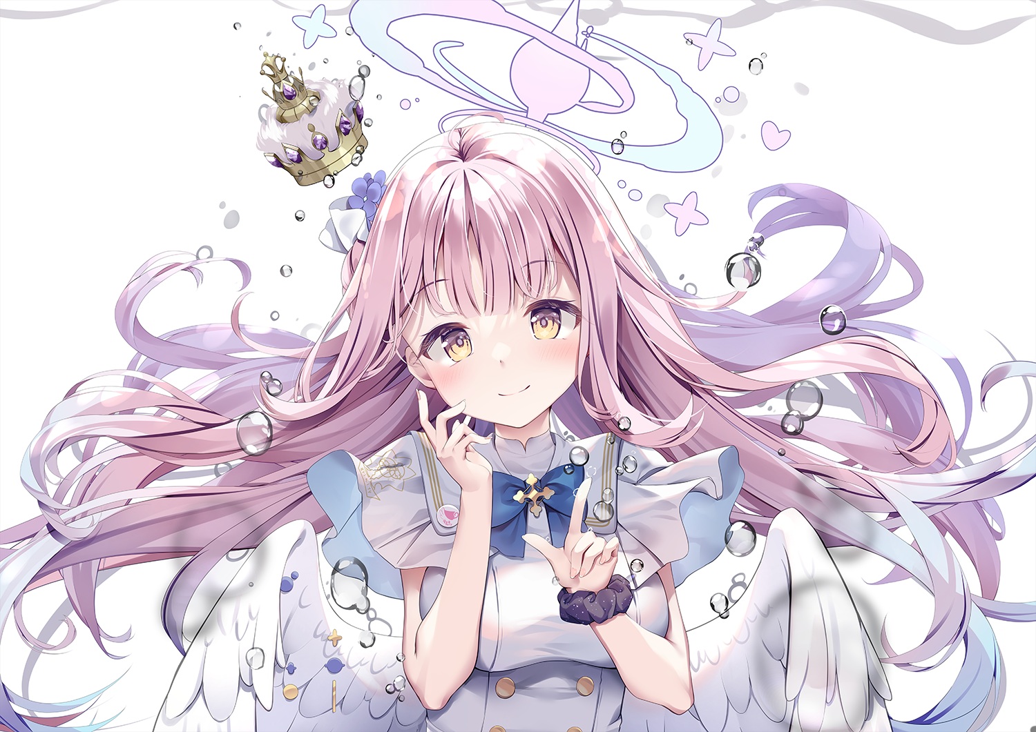 blue_archive, blush, bow, bubbles, crown, halo, kinokomushi, long_hair