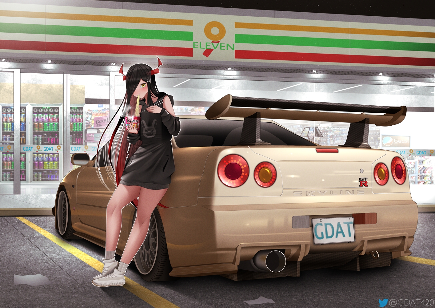 anthropomorphism, azur_lane, black_hair, blush, building, car, dress, drink, food, friedrich_der_grosse_(azur_lane), gdat, hood, horns, long_hair, night, socks, watermark, yellow_eyes