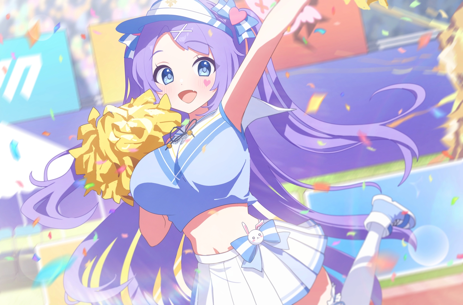 asagao_hanae, blue_archive, blue_eyes, blush, bow, breasts, cheerleader, fang