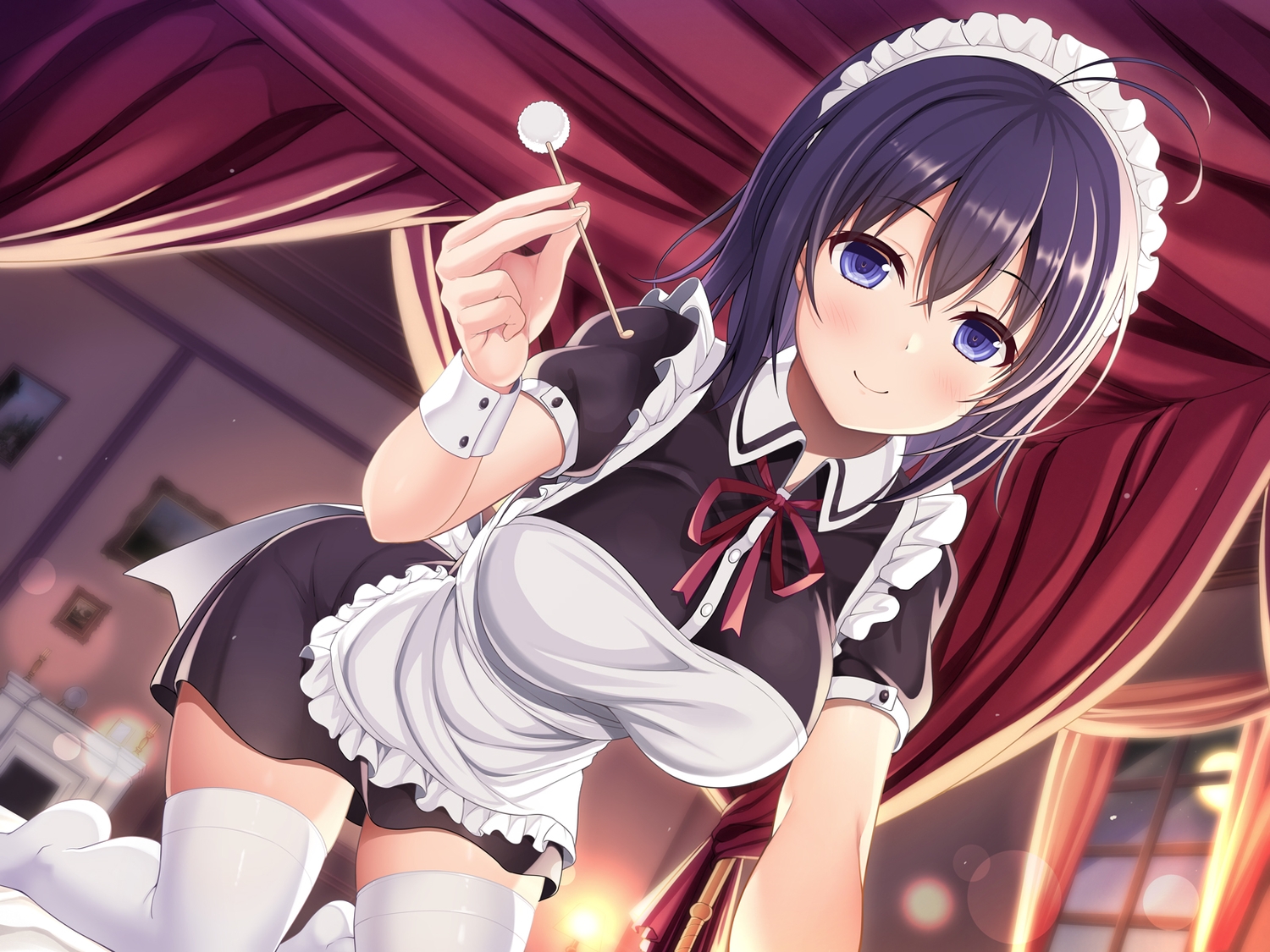blush, headdress, maid, original, purple_eyes, purple_hair, short_hair, thighhighs