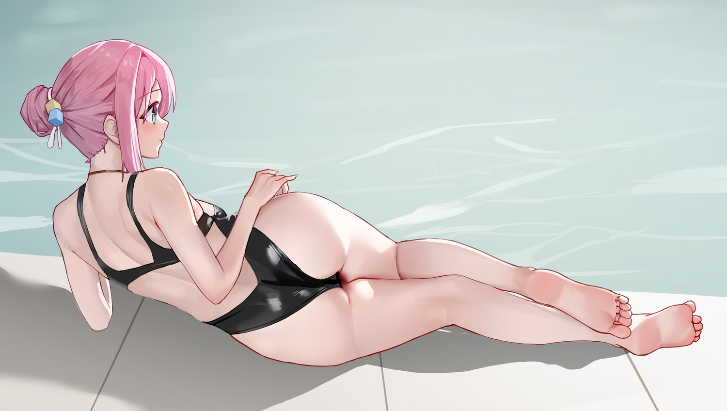 aqua_eyes, ass, barefoot, bocchi_the_rock!, gotou_hitori, liwen520, necklace, pink_hair, pool, sketch, swimsuit, water