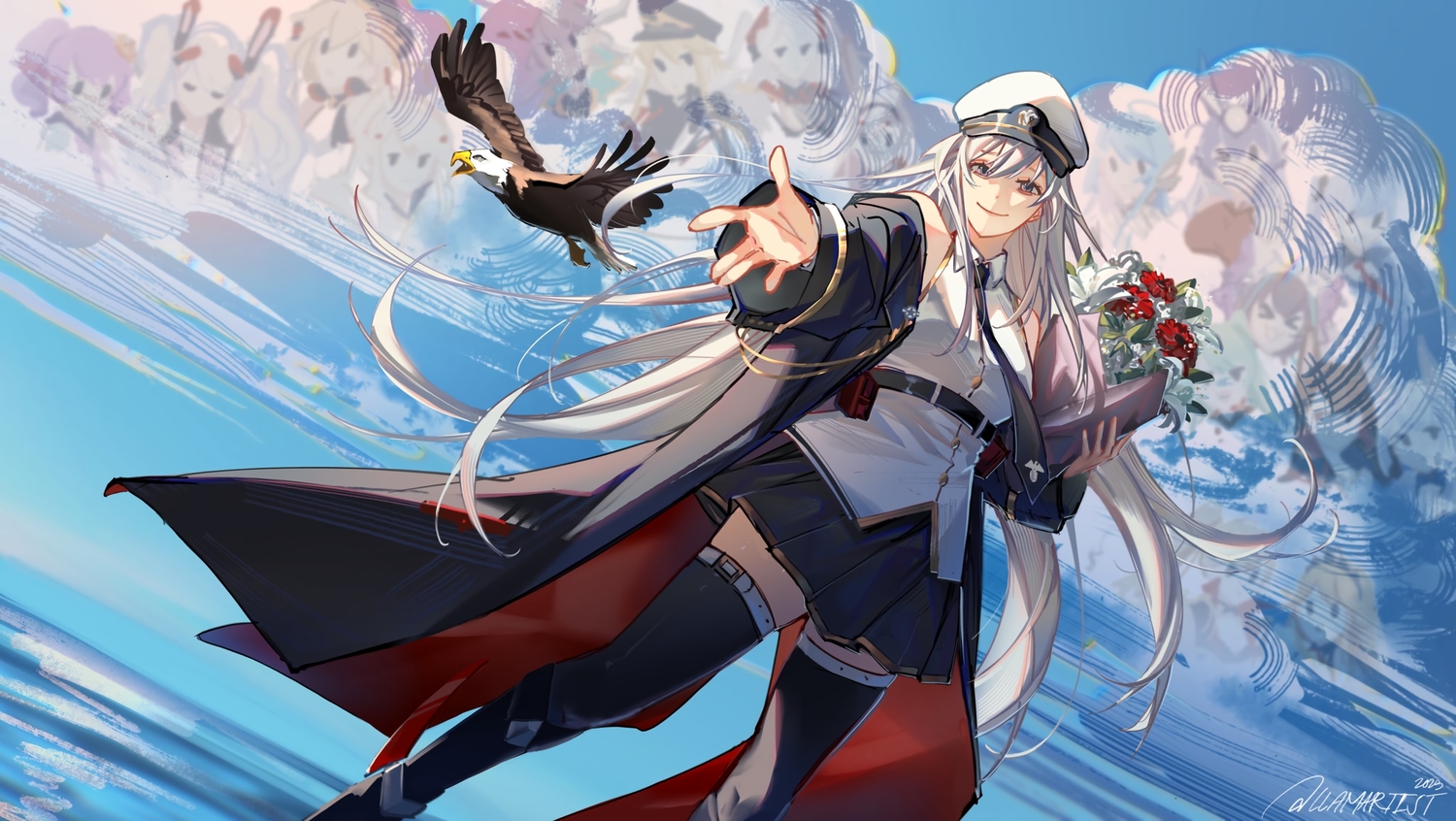 animal, anthropomorphism, azur_lane, bird, blue_eyes, clouds, enterprise_(azur_lane), gloves, gray_hair, hat, llamartist, long_hair, purple_eyes, signed, sky, thighhighs, water, white_hair