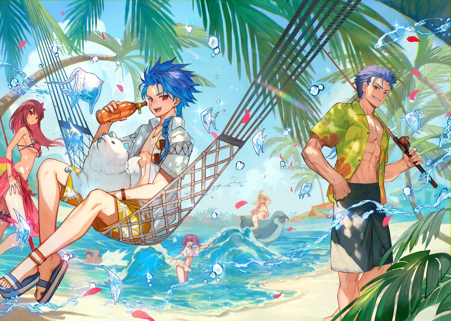 animal, beach, bikini, blue_hair, braids, breasts, clouds, cu_chulainn, dog, drink, fate/grand_order, fate_(series), fergus_mac_roich, fish, lack, long_hair, magic, male, medb_(fate/grand_order), necklace, open_shirt, petals, pink_hair, ponytail, purple_hair, red_eyes, scathach_(fate/grand_order), setanta_(fate), shade, shirt, shorts, sky, sunglasses, swimsuit, tree, twintails, underboob, water, wristwear