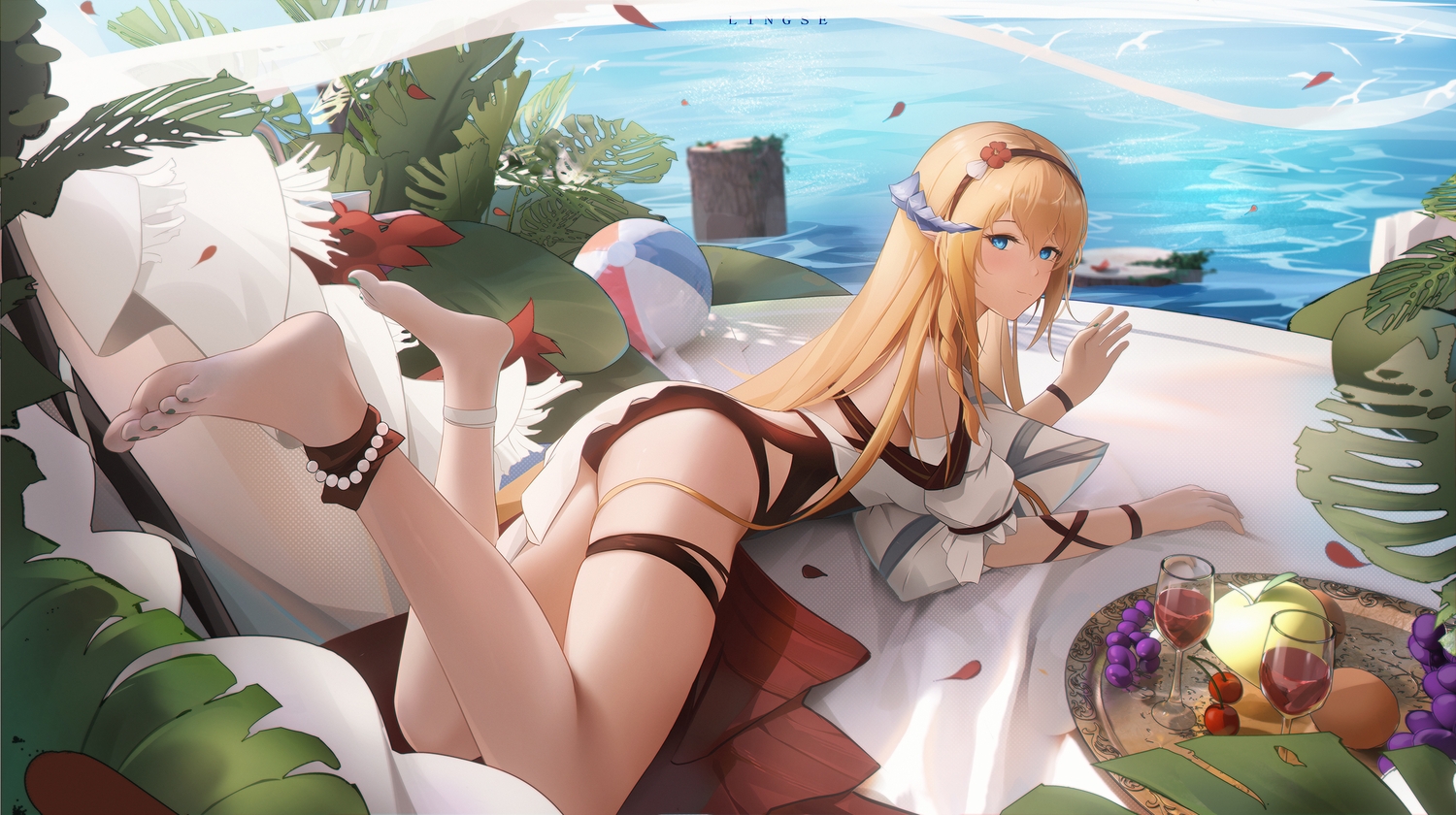 3d, apple, arknights, ball, barefoot, blonde_hair, blue_eyes, braids