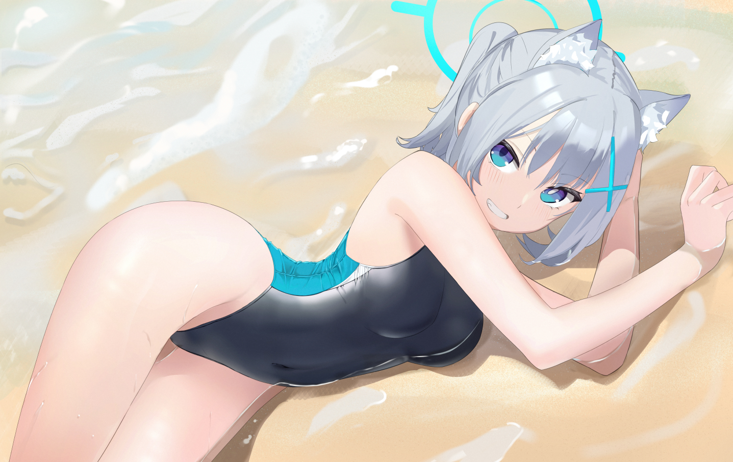 animal_ears, aqua_eyes, beach, blue_archive, blush, fuenyuan, gray_hair, halo