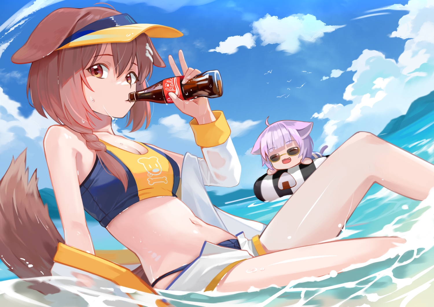 2girls, animal_ears, bikini, braids, breasts, brown_eyes, brown_hair, catgirl