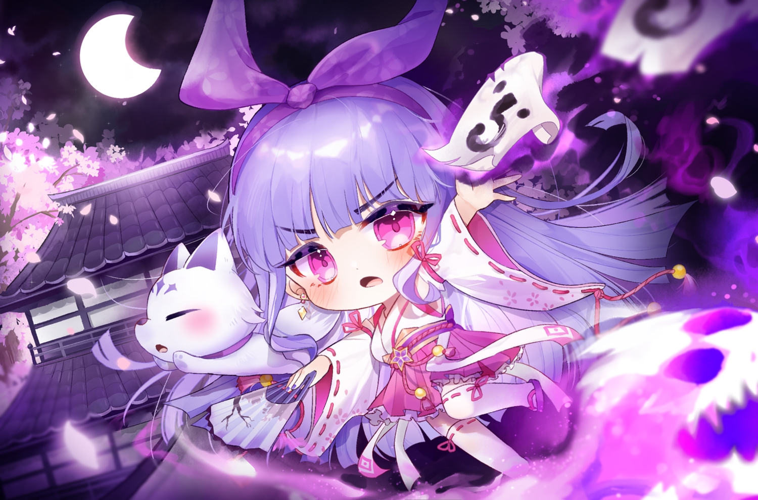 animal, blush, building, cherry_blossoms, chibi, fan, flowers, headband