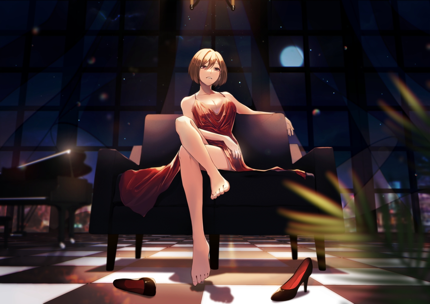 barefoot, breasts, brown_hair, cleavage, dress, instrument, meiko, moon, night, piano, red_eyes, short_hair, sky, stars, vocaloid, yen-mi