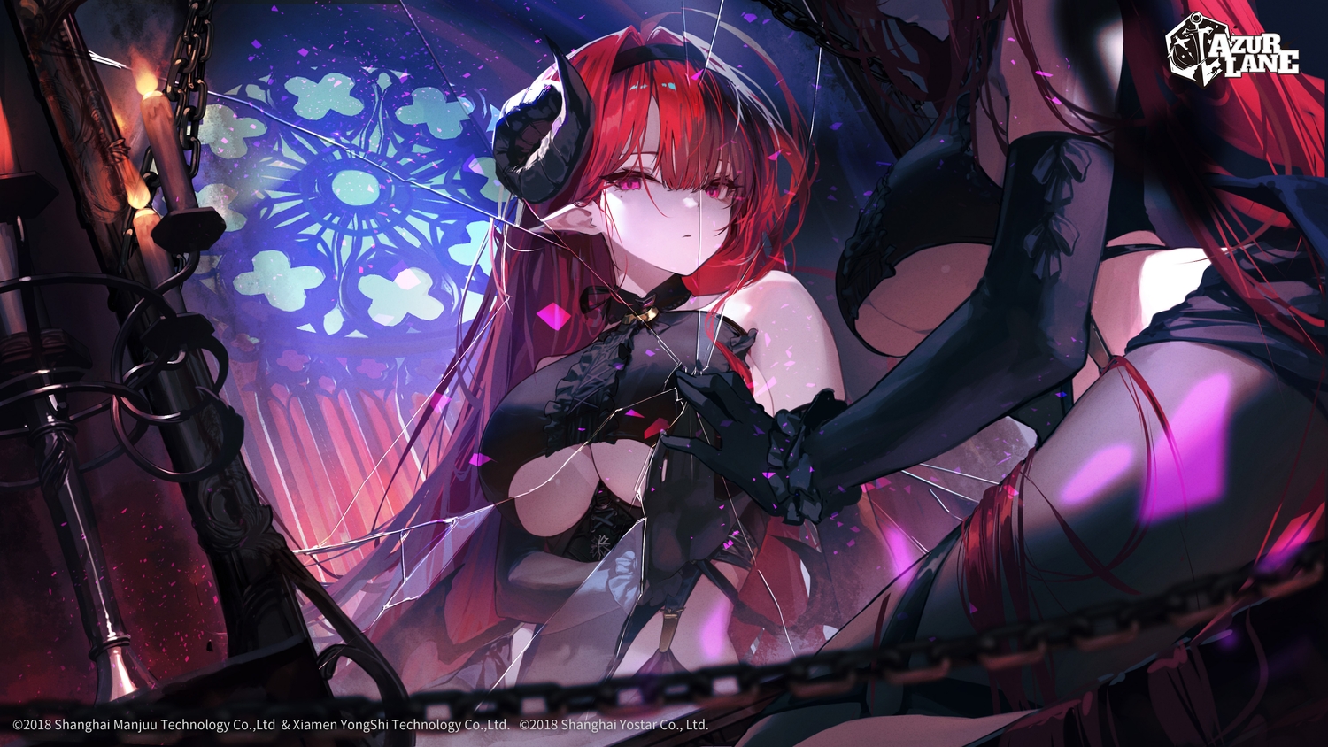 anthropomorphism, azur_lane, breasts, chain, elbow_gloves, ggoc_ill, gloves, headband, hindenburg_(azur_lane), horns, leotard, logo, long_hair, mirror, no_bra, pantyhose, pointed_ears, red_eyes, red_hair, reflection, underboob, watermark