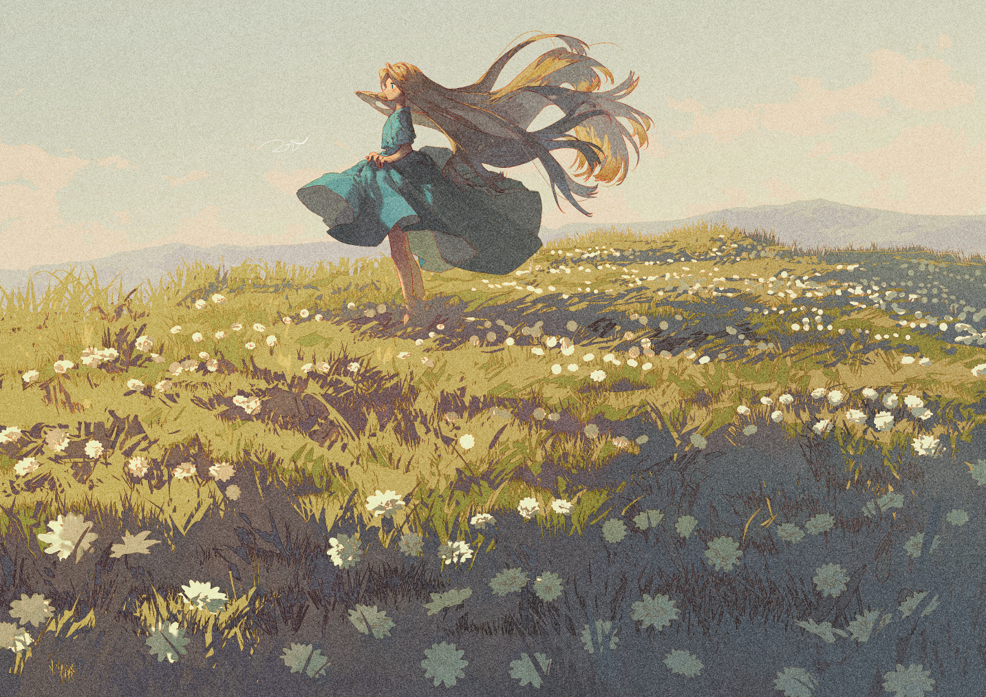 dress, flowers, grass, long_hair, original, potg_(piotegu), scenic