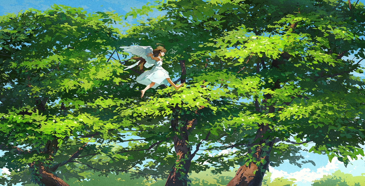 barefoot, brown_hair, clouds, dress, loli, long_hair, original, potg_(piotegu)