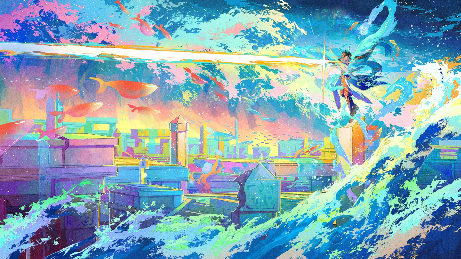 all_male, animal, aqua_eyes, brown_hair, building, city, dan_feng_(honkai:_star_rail), dan_heng_(honkai:_star_rail)