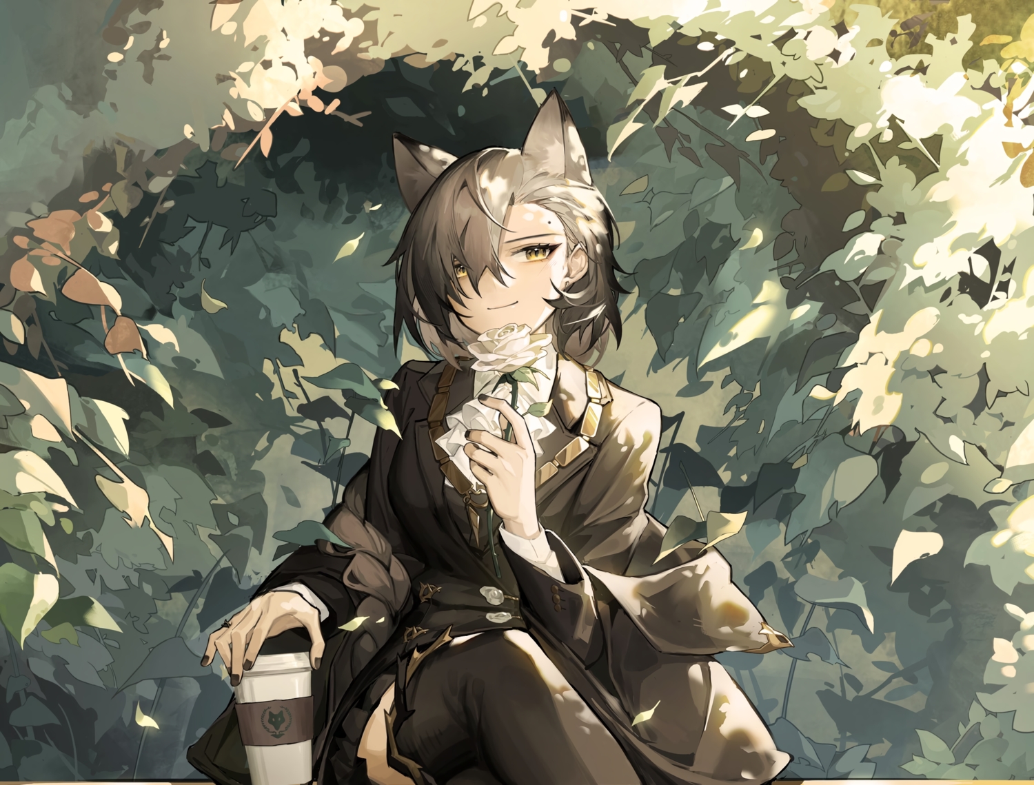 akechi_(826988799), animal_ears, arknights, drink, flowers, gray_hair, long_hair, penance_(arknights)
