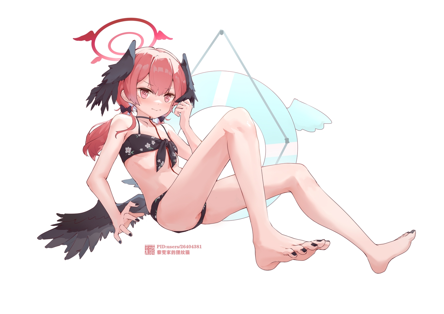 barefoot, bikini, blue_archive, flat_chest, halo, liwendala, long_hair, pink_eyes