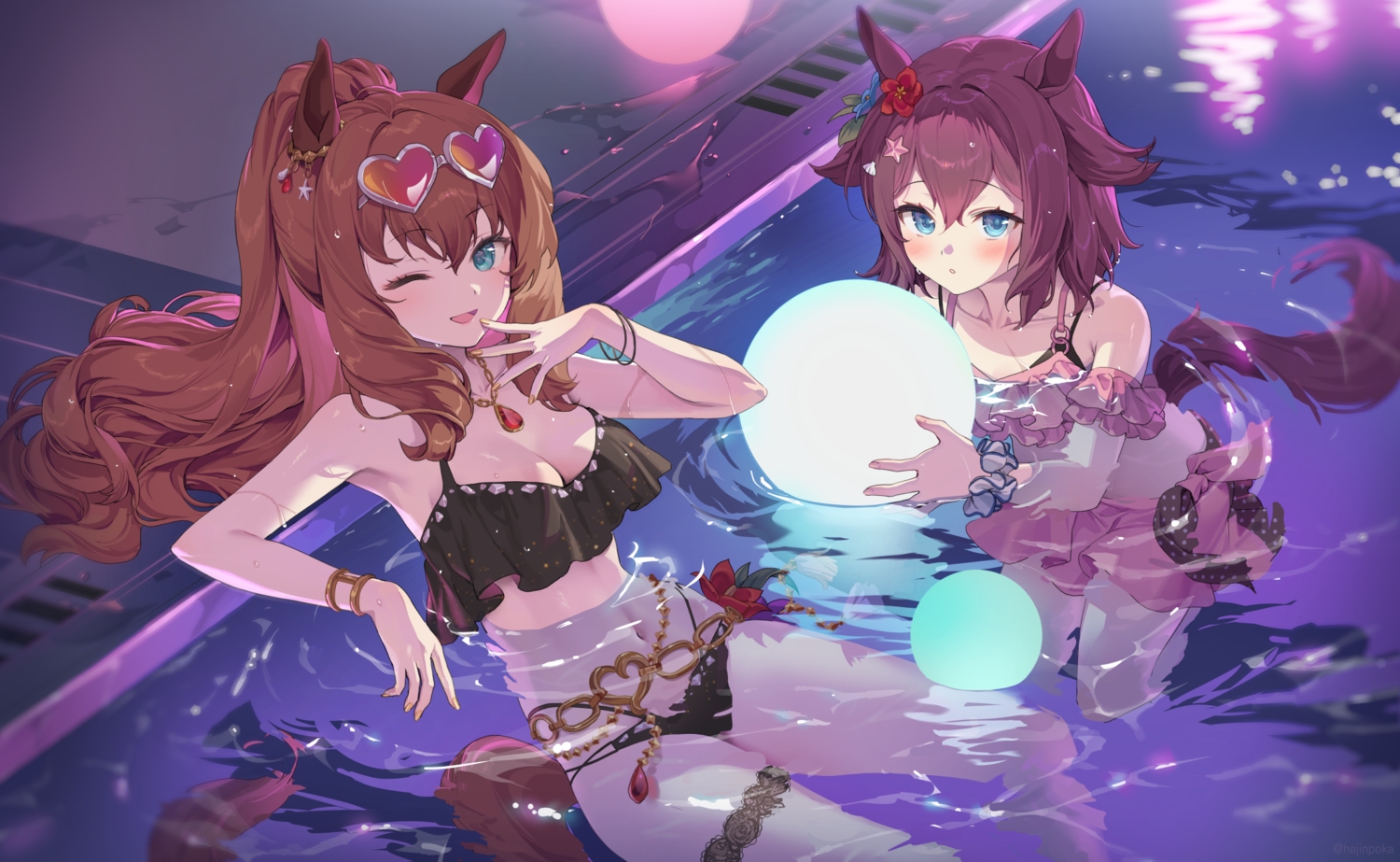 2girls, animal_ears, anthropomorphism, aqua_eyes, ball, bikini, blush, breasts, brown_hair, cleavage, flat_chest, garter, hajin, long_hair, maruzensky_(umamusume), navel, necklace, night, ponytail, pool, sakura_chiyono_o_(umamusme), short_hair, skirt, sunglasses, swimsuit, tail, uma_musume:_pretty_derby, wink, wristwear