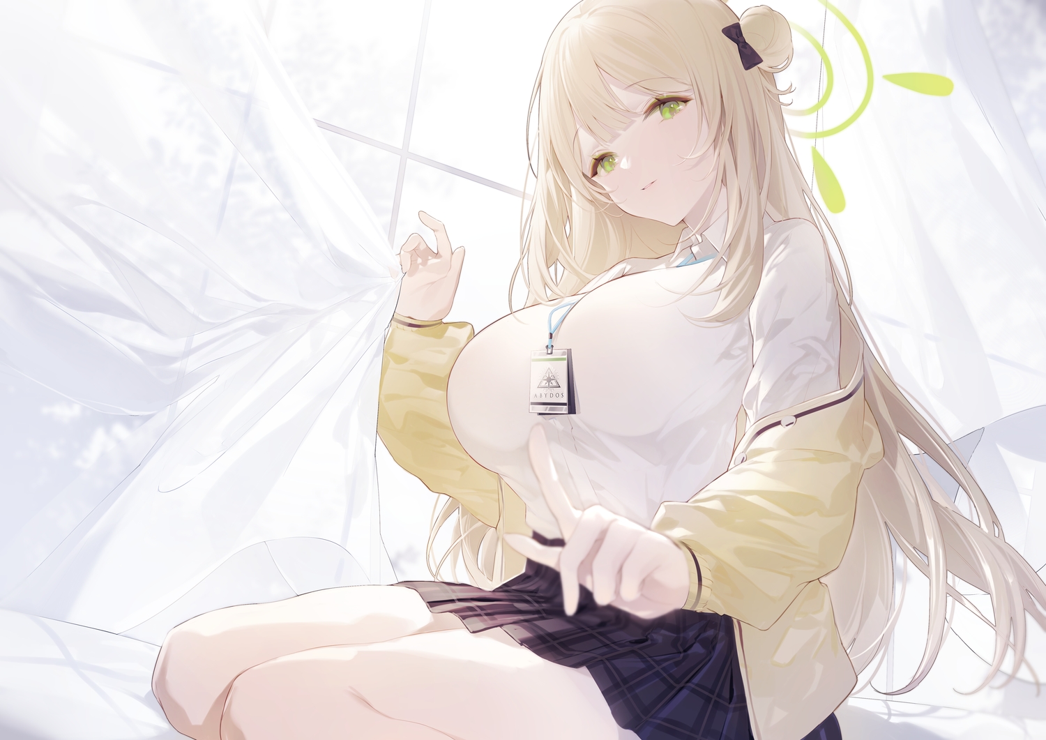 blonde_hair, blue_archive, breasts, green_eyes, halo, izayoi_nonomi, long_hair, miyuki_(miyuki_05290)