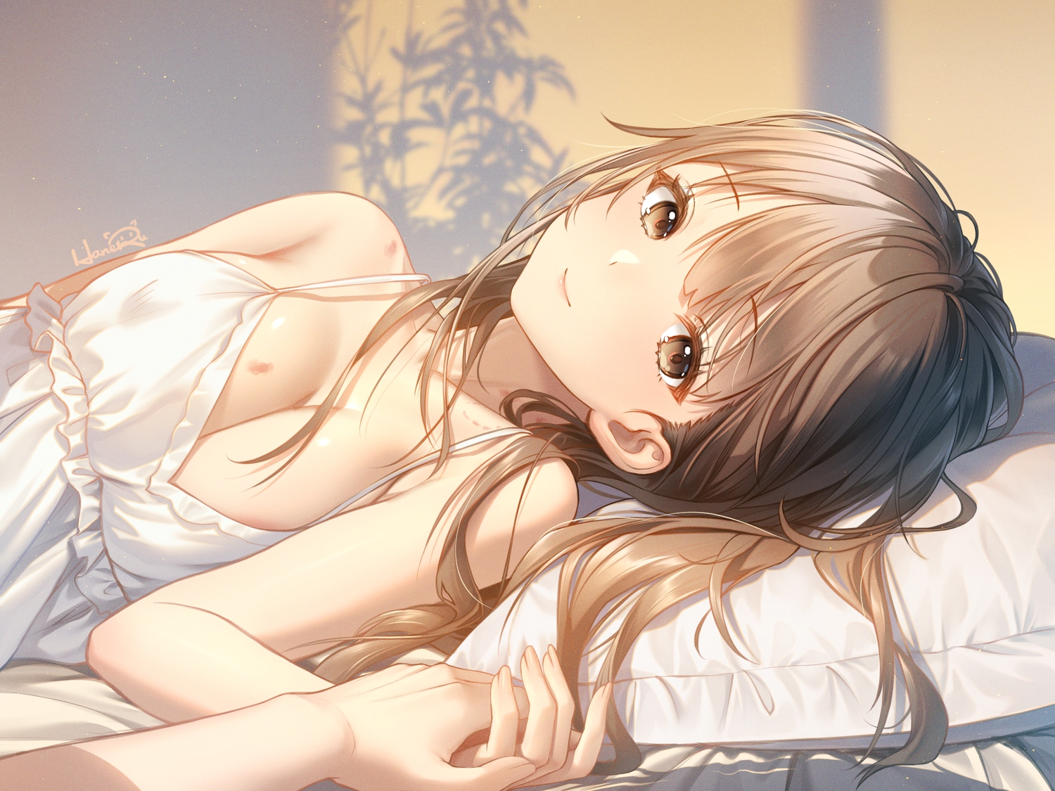 bed, breasts, brown_eyes, brown_hair, cleavage, close, haneru, himino_seika