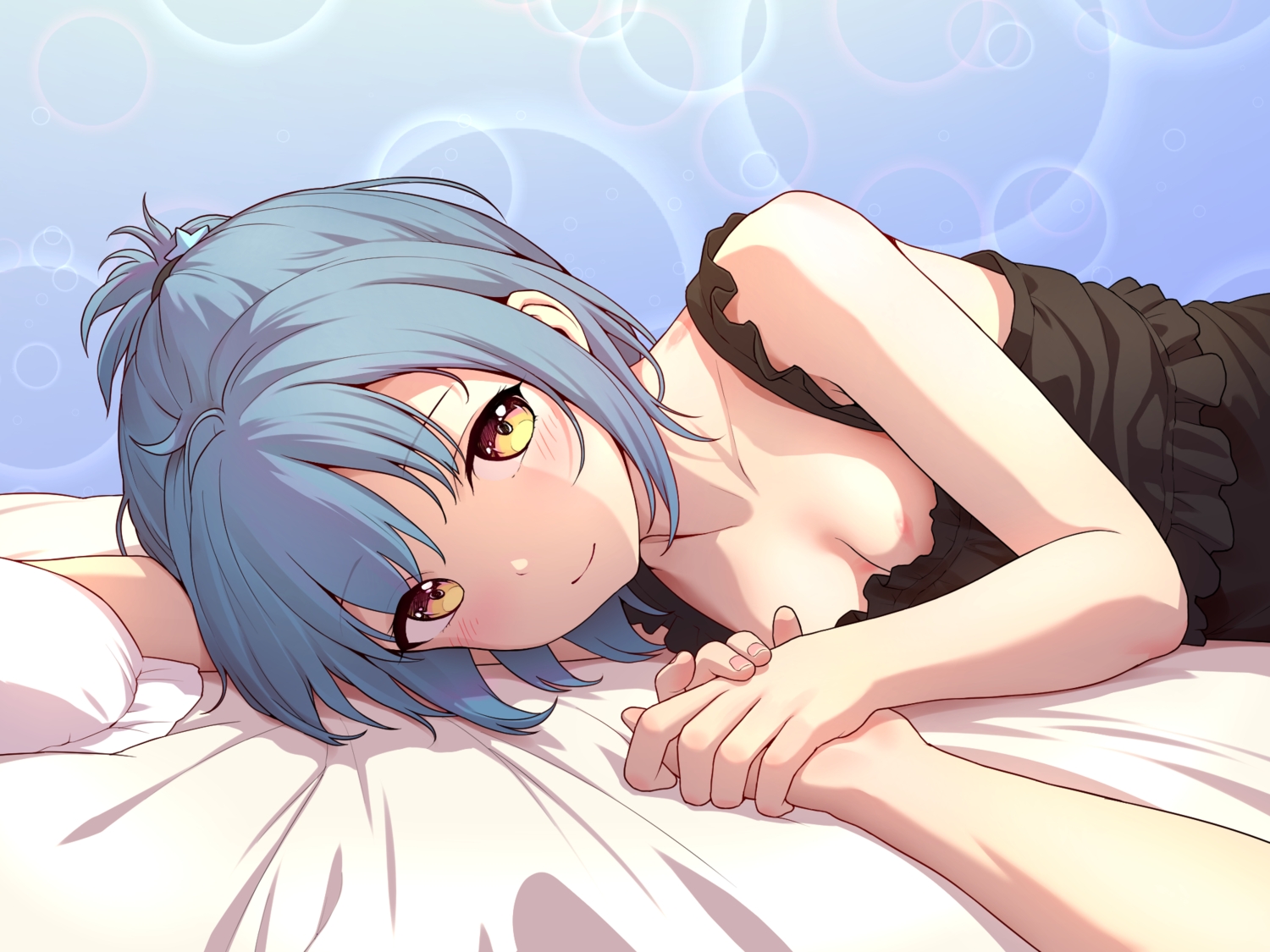 bed, blue_hair, blush, breasts, cleavage, close, haori_haruki, himitsu_(hi_mi_tsu_2)