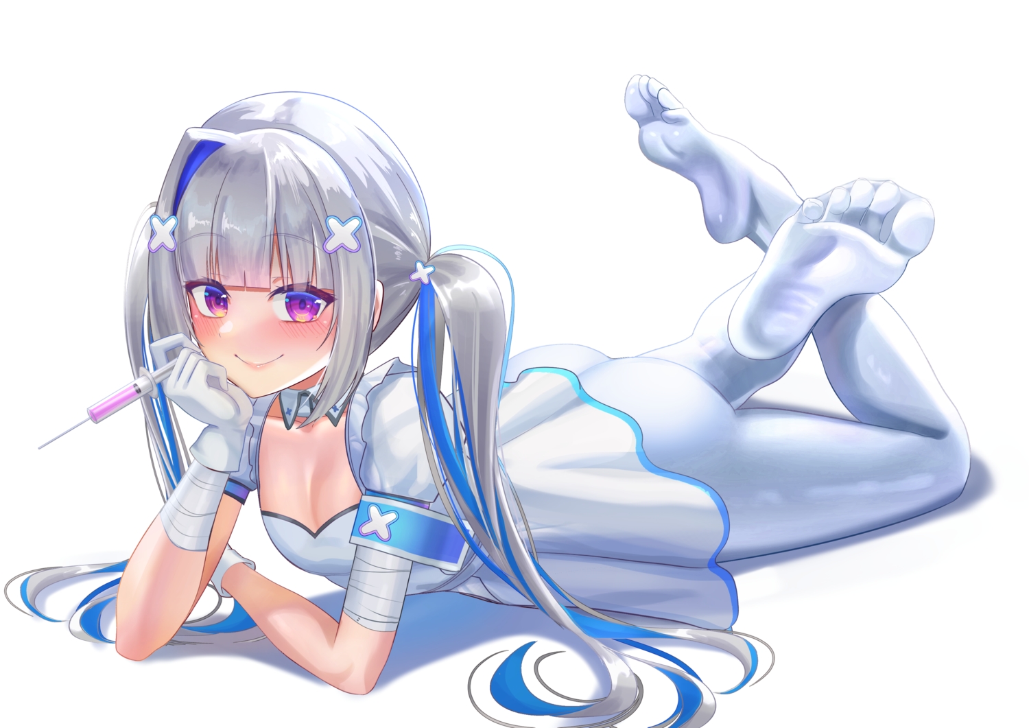 amane_kanata, ass, bandage, blush, breasts, cleavage, dress, gloves, gray_hair, hololive, jagoo, long_hair, nurse, pantyhose, purple_eyes, twintails, white