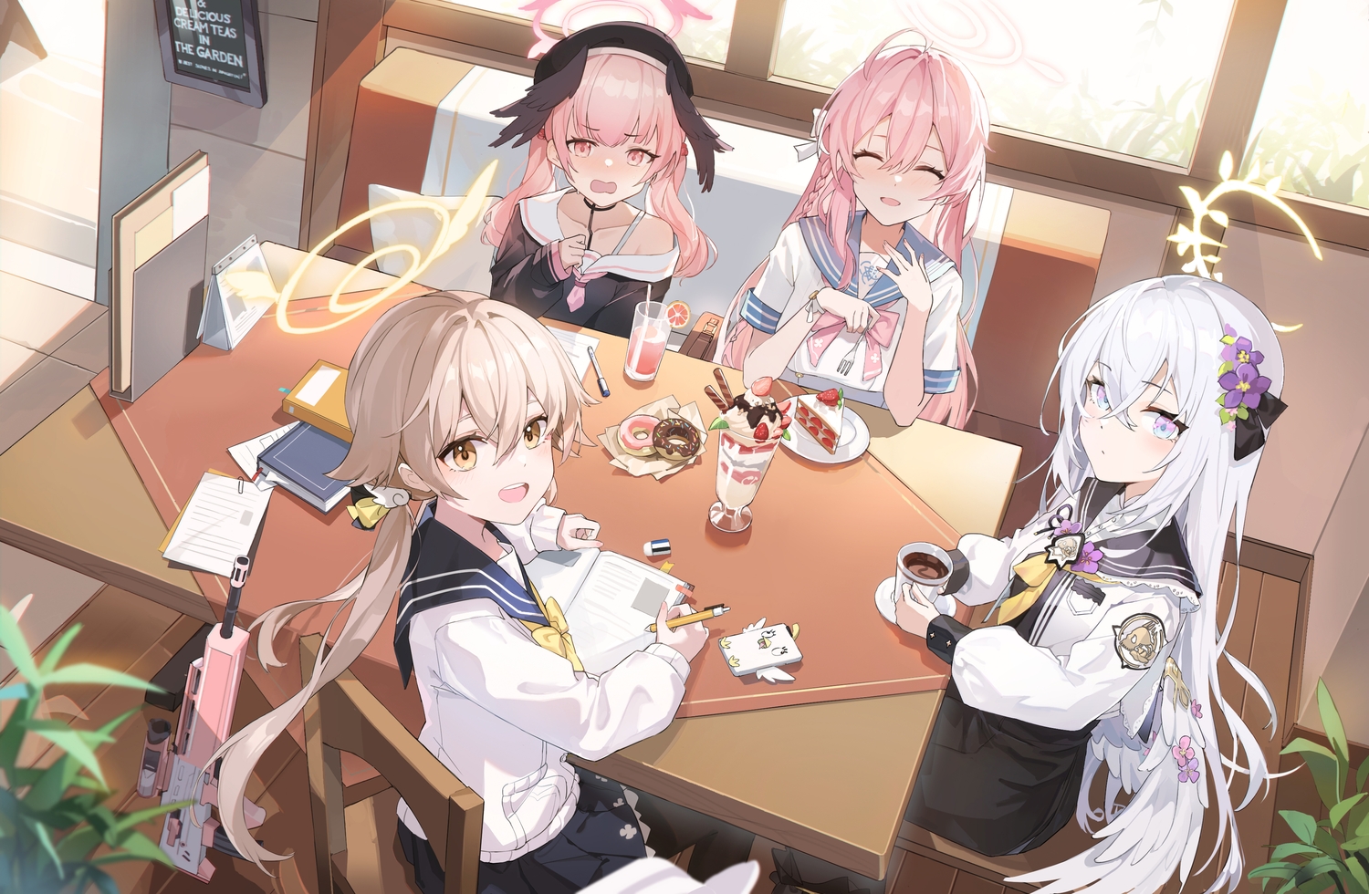 ajitani_hifumi, blue_archive, blush, book, braids, brown_eyes, brown_hair, cake, chenmu_sora, dress, drink, food, fruit, gray_hair, group, gun, halo, hat, ice_cream, long_hair, pantyhose, paper, phone, pink_eyes, pink_hair, purple_eyes, school_uniform, shimoe_koharu, shirasu_azusa, skirt, strawberry, twintails, urawa_hanako, weapon, wings, wristwear
