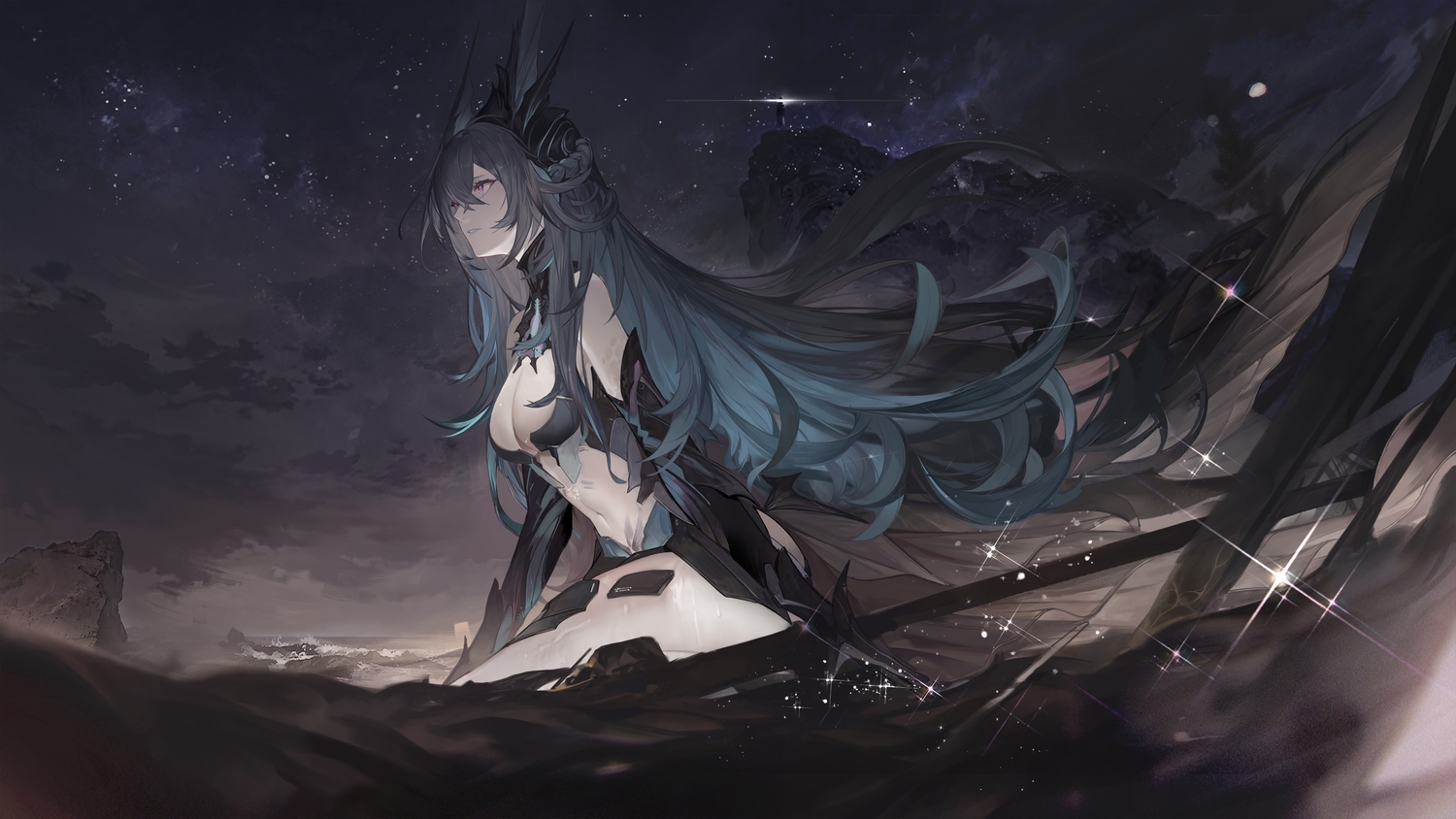 armor, braids, breasts, cleavage, clouds, elbow_gloves, gloves, gray_hair