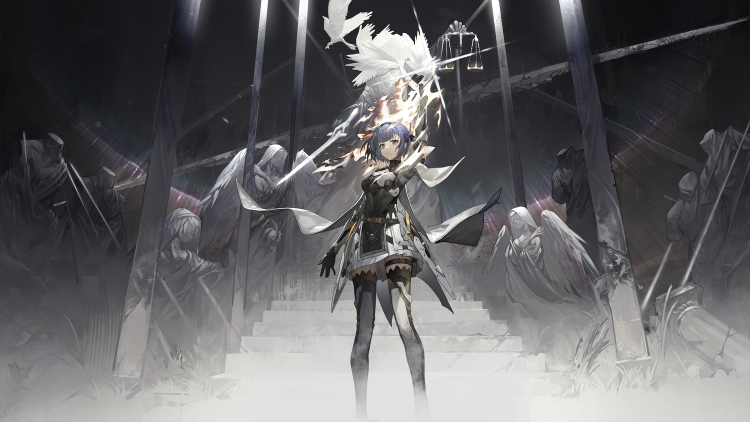 alisa_(pgr), armor, blue_eyes, blue_hair, braids, dress, garter, gloves, magic, punishing:_gray_raven, short_hair, stairs, sword, thighhighs, weapon, xiao_feng