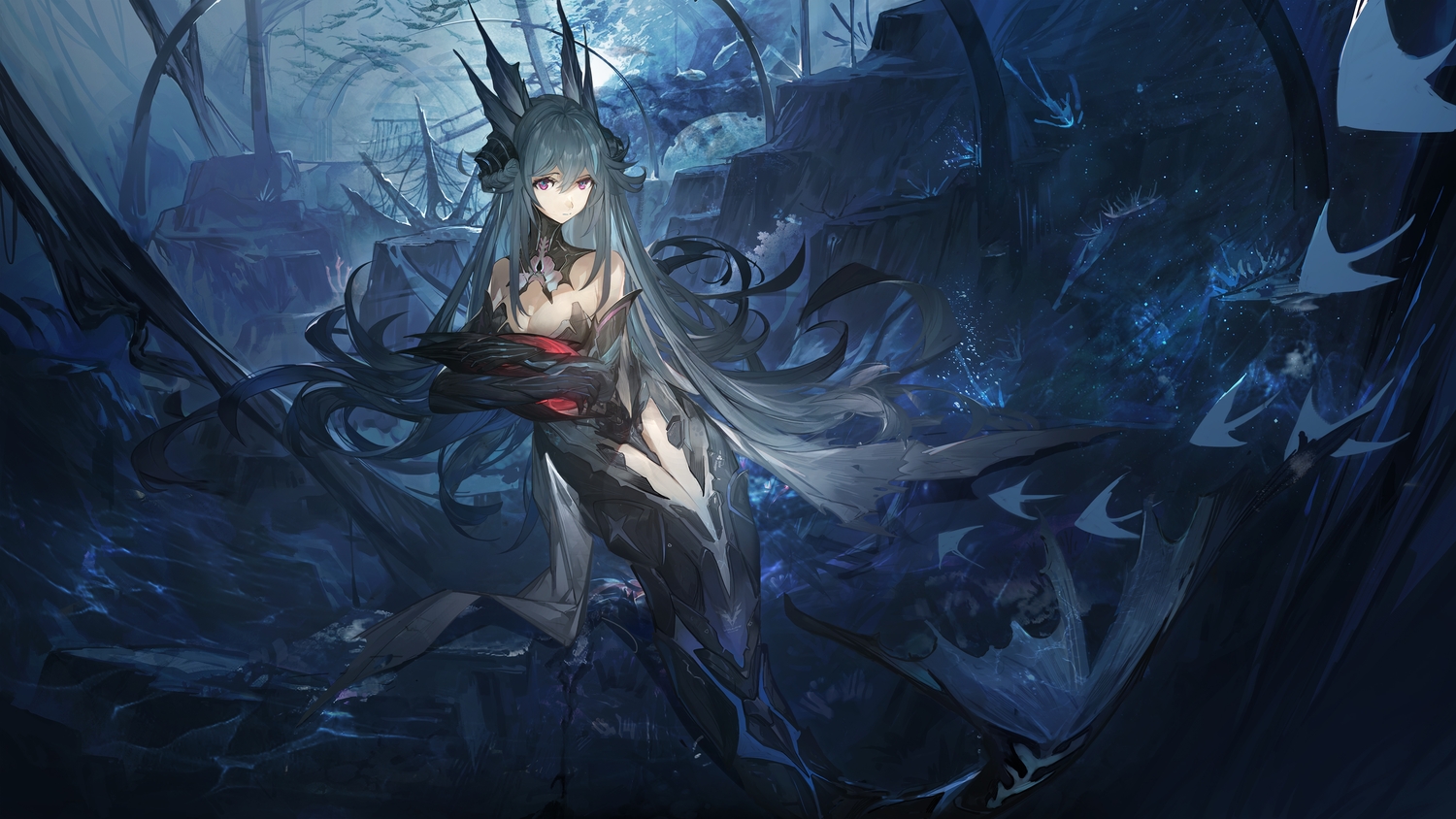 animal, braids, breast_hold, breasts, cleavage, elbow_gloves, fish, gloves