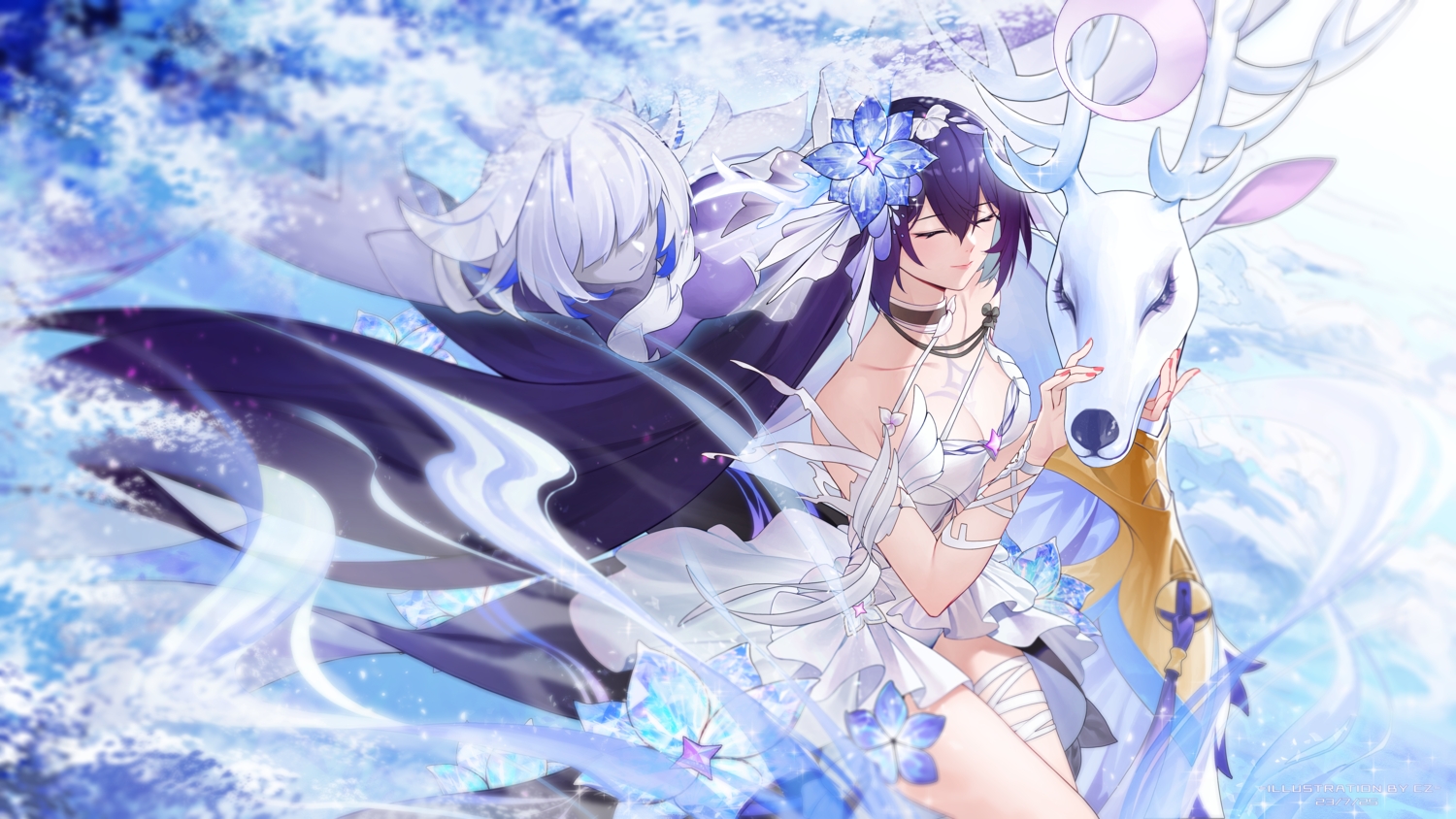 animal, black_hair, breasts, choker, cleavage, cz_(mikumikumi), dress, flowers, garter, honkai_impact, honkai_(series), horns, long_hair, magic, seele_vollerei, watermark, wristwear