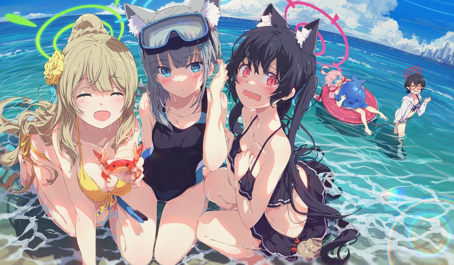 animal, aqua_eyes, ball, bikini, black_hair, blue_archive, blush, braids, breast_hold, breasts, brown_hair, building, catgirl, city, cleavage, clouds, crab, glasses, goggles, gray_hair, group, halo, hood, izayoi_nonomi, kuromi_serika, long_hair, ogipote, okusora_ayane, pink_hair, pointed_ears, ponytail, red_eyes, short_hair, skirt, sky, sunaookami_shiroko, sunglasses, swim_ring, swimsuit, takanashi_hoshino, twintails, water, wolfgirl