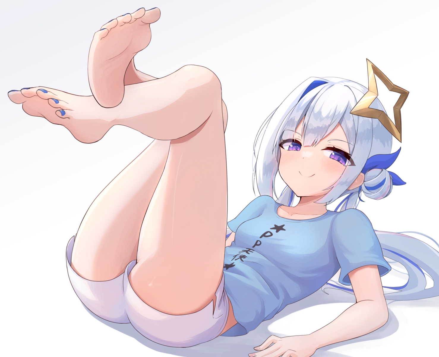 amane_kanata, angel, barefoot, blush, gray_hair, halo, hololive, long_hair, purple_eyes, shorts, telomere, white