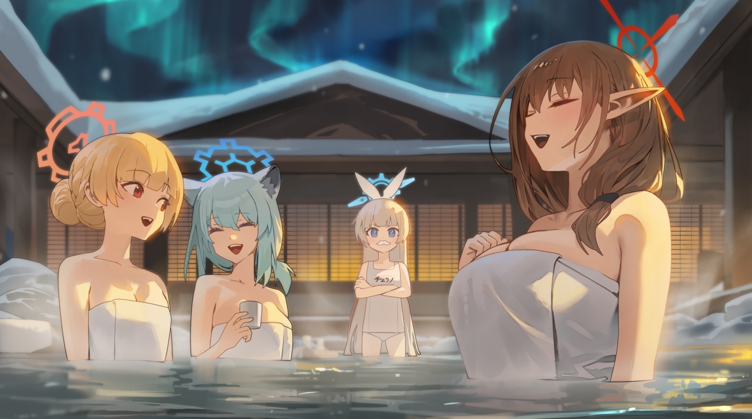 amami_nodoka, animal_ears, blonde_hair, blue_archive, blue_eyes, breast_hold, breasts, brown_hair, building, cleavage, drink, gray_hair, group, halo, headband, hinomiya_chinatsu, hood_(james_x), loli, long_hair, mayoi_shigure, night, onsen, pointed_ears, ponytail, red_eyes, renkawa_cherino, school_swimsuit, short_hair, sky, swimsuit, towel, water, white_hair