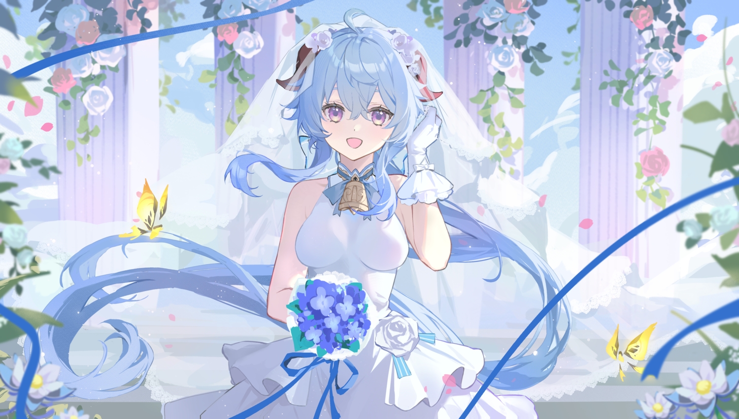 bell, blue_hair, butterfly, clouds, dress, flowers, ganyu_(genshin_impact), genshin_impact, gloves, headdress, horns, long_hair, petals, purple_eyes, rose, sky, wedding_attire, yuki_(miyuki_kii)
