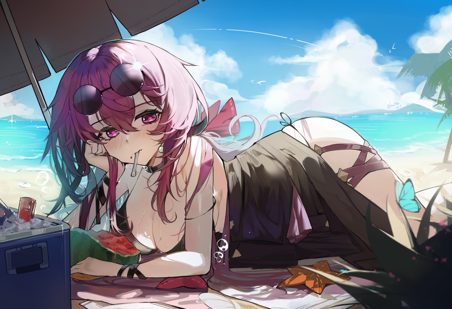 beach, bikini, blush, breasts, butterfly, cleavage, clouds, collar