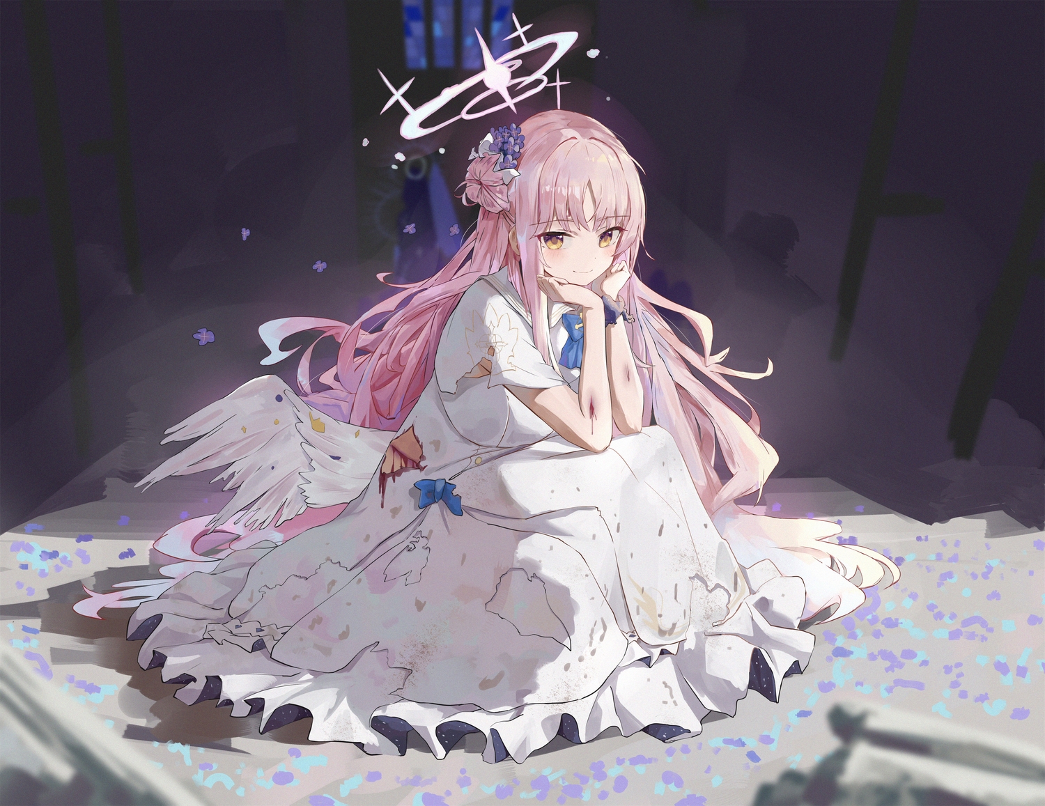 angel, blood, blue_archive, blush, bow, dress, halo, jsscj, long_hair, misono_mika, petals, pink_hair, torn_clothes, wings, wristwear, yellow_eyes