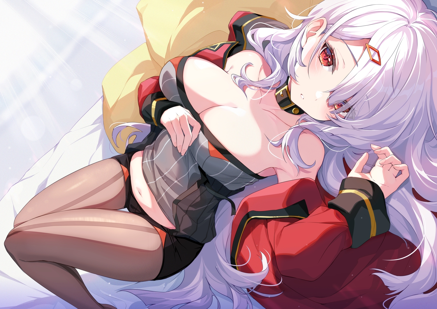 bed, blush, breast_hold, breasts, cleavage, collar, long_hair, navel