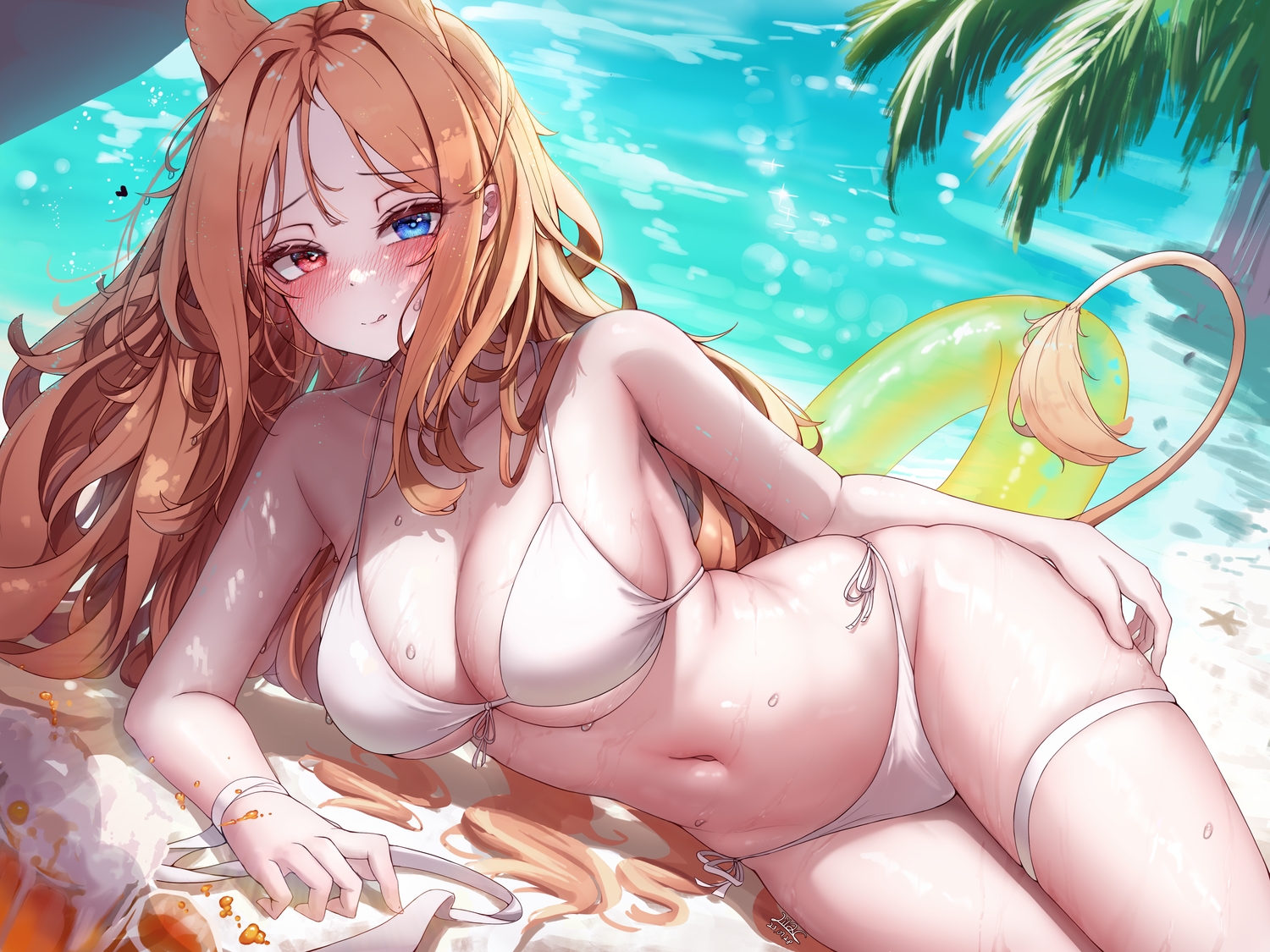 animal_ears, archetto_(arknights), arknights, beach, bicolored_eyes, bikini, blush, breasts