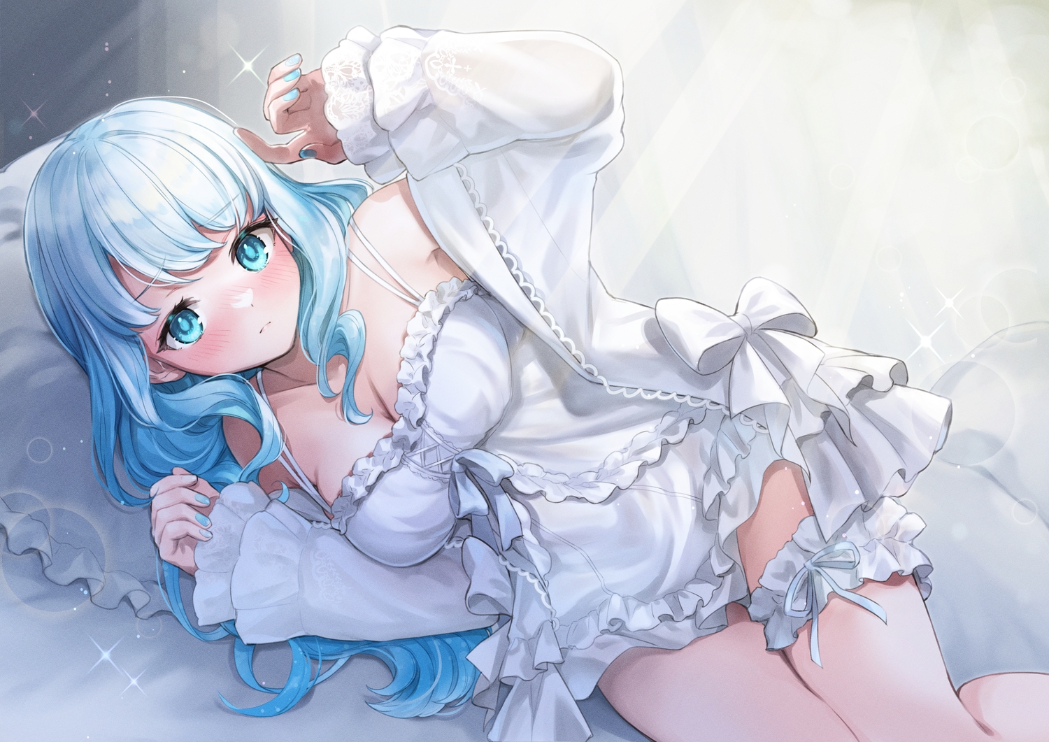 aqua_eyes, bed, blue_hair, blush, bow, breasts, cleavage, dress