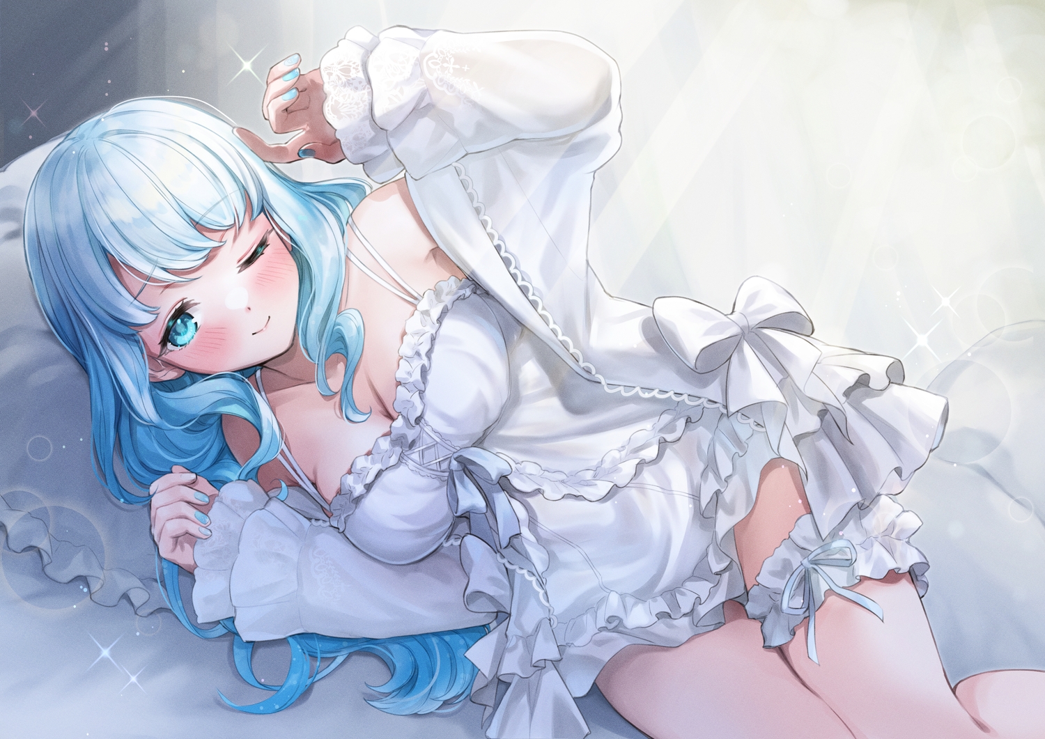 aqua_eyes, bed, blue_hair, blush, bow, breasts, cleavage, dress