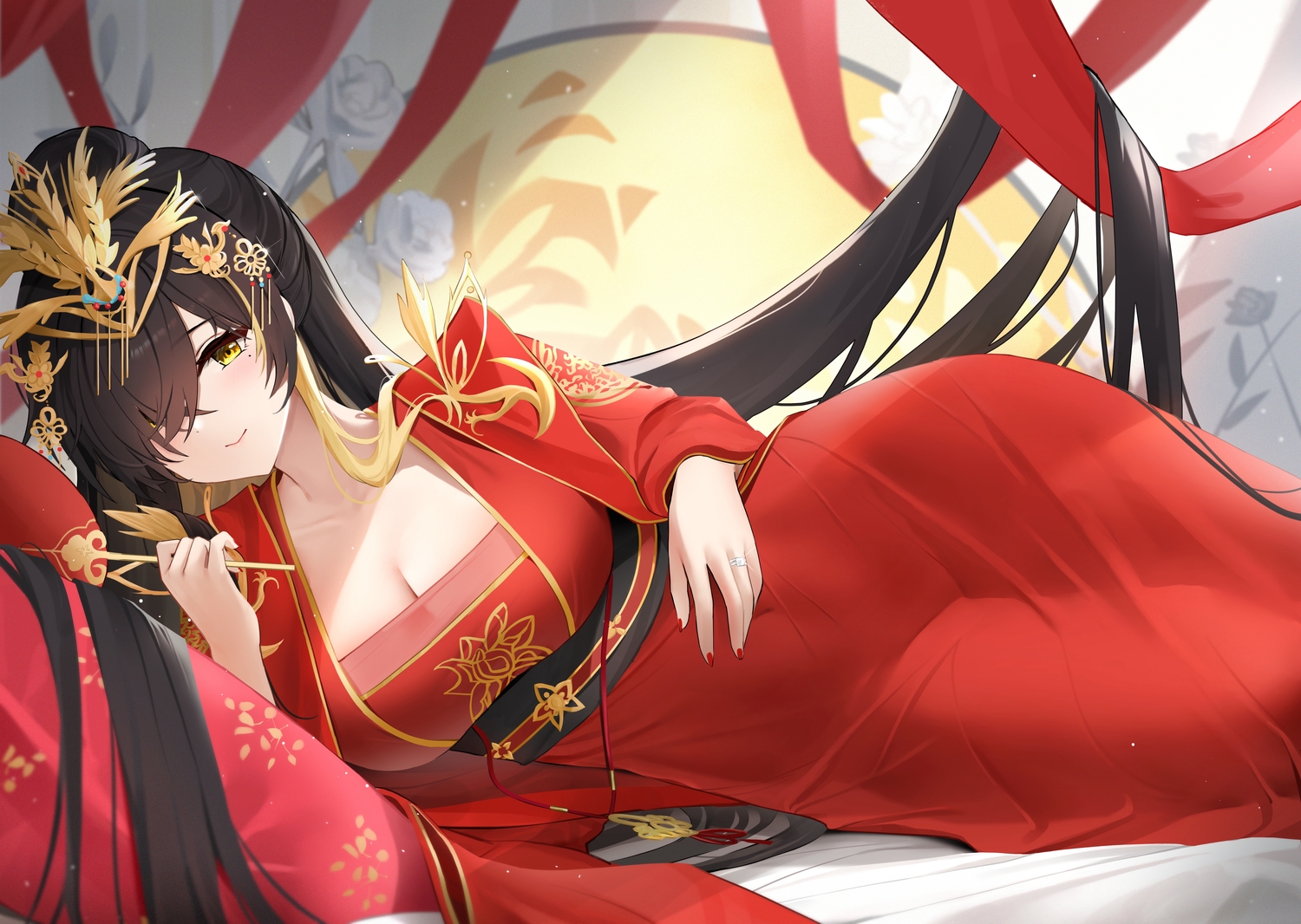 anthropomorphism, azur_lane, black_hair, blush, breasts, chinese_clothes, cleavage, fan, harbin_(azur_lane), headdress, long_hair, qing_wu, ribbons, yellow_eyes