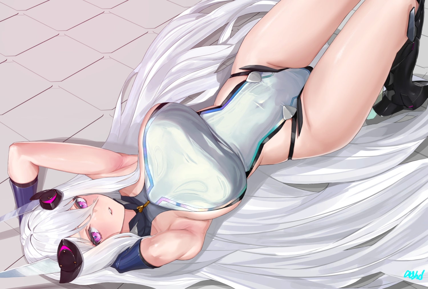 anthropomorphism, asurada_yui, azur_lane, blush, boots, breasts, kearsarge_(azur_lane), leotard, long_hair, purple_eyes, sideboob, white_hair