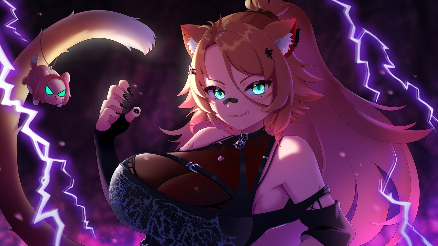 60mai, animal_ears, aqua_eyes, bandaid, blonde_hair, breasts, catgirl, cat_smile, cleavage, close, collar, elbow_gloves, fang, gloves, long_hair, necklace, obkatiekat, ponytail, tail, waifu2x